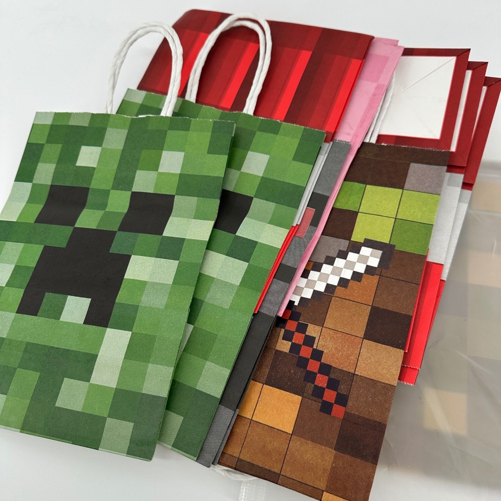 Pixel Minecraft Party Supplies Video Game Themed Party Favor Bags and Tablecloth